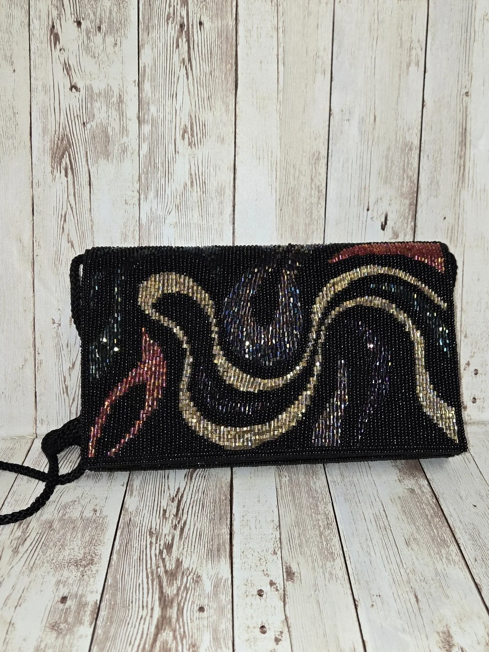 Vintage Bechamel Beaded Bag Black Multicolor Clutch Crossbody Purse
